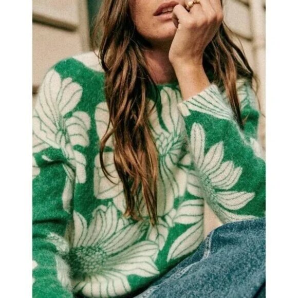 EUC Sezane Julietta Floral Mohair Wool Sweater Green Ecru Medium - Picture 2 of 9